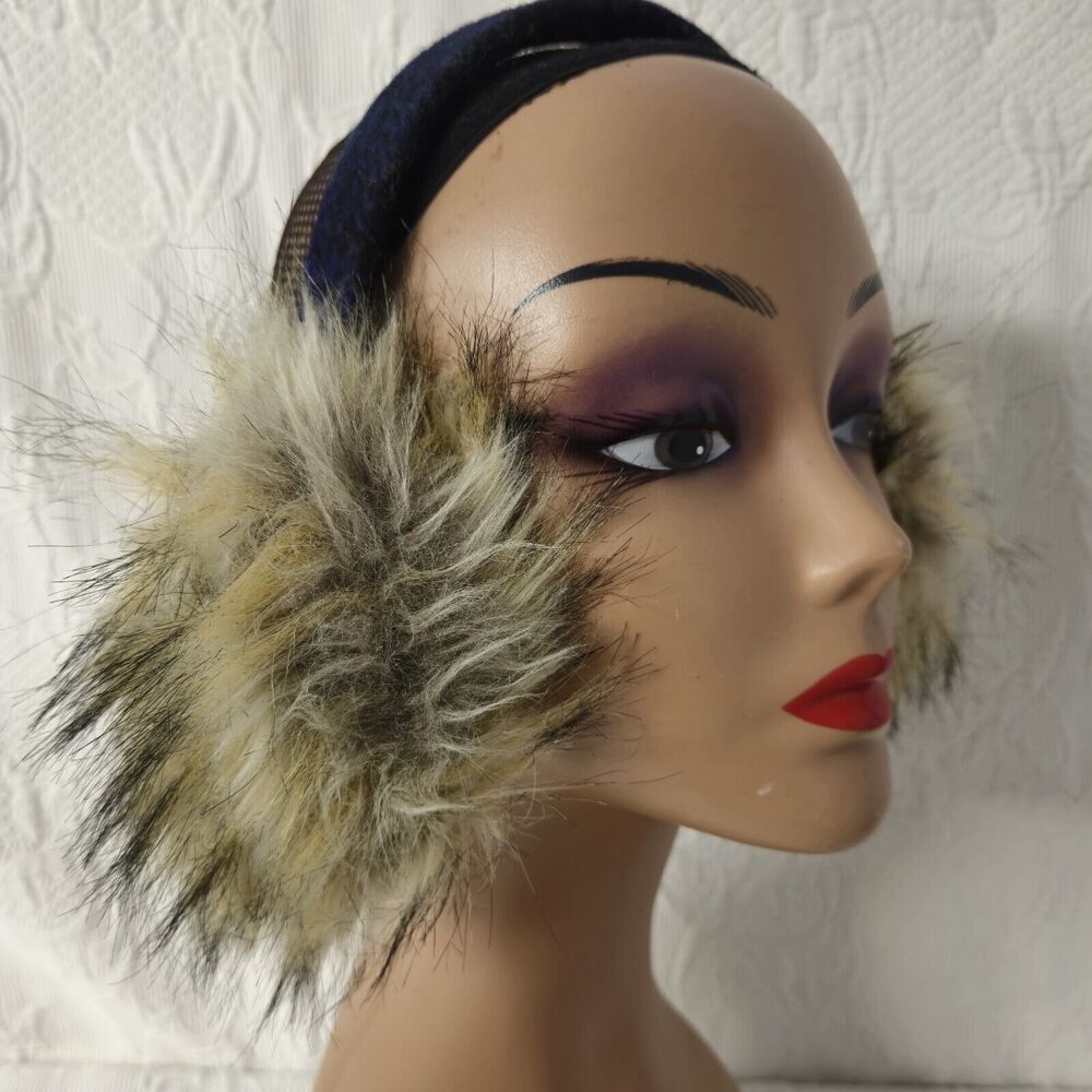 J Crew Earmuffs Blue Flannel Plaid Headband Vegan Coyote Raccoon Faux Fur